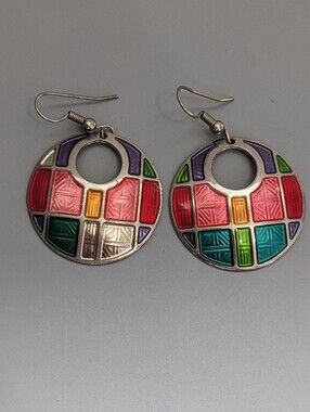Large Multicolor Enamel Geometric Dangle Earrings Retro Boho Artsy Statement